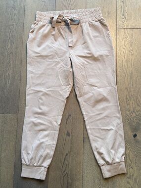 Neutral Luxe Track Pants, High-Waisted Drawstring, Soft Structured Fabric